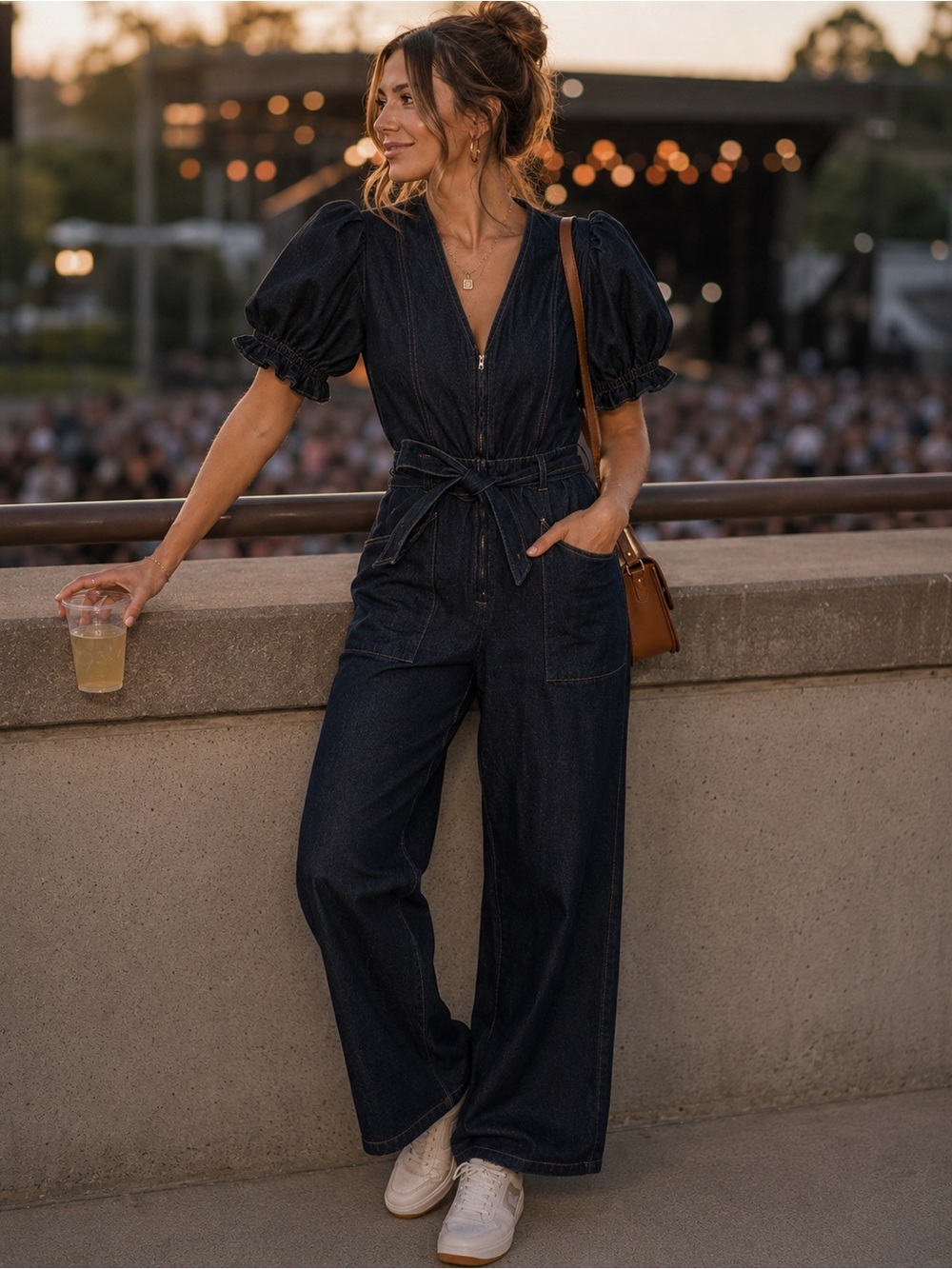 Dark Denim Puff-Sleeve Jumpsuit with Tie Waist